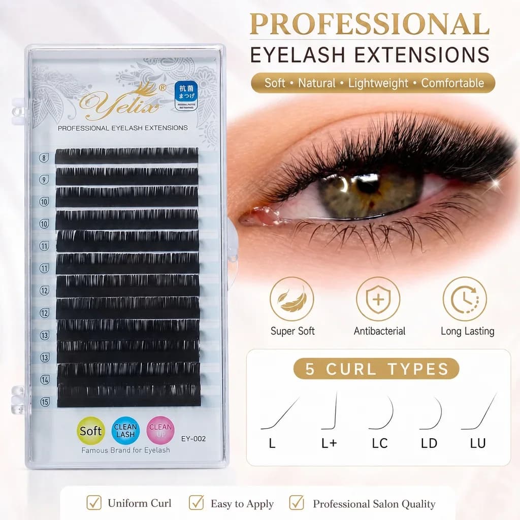 L Şekli Karışık Kıvrımlı Bireysel Kirpik Uzatmaları, 8-15mm